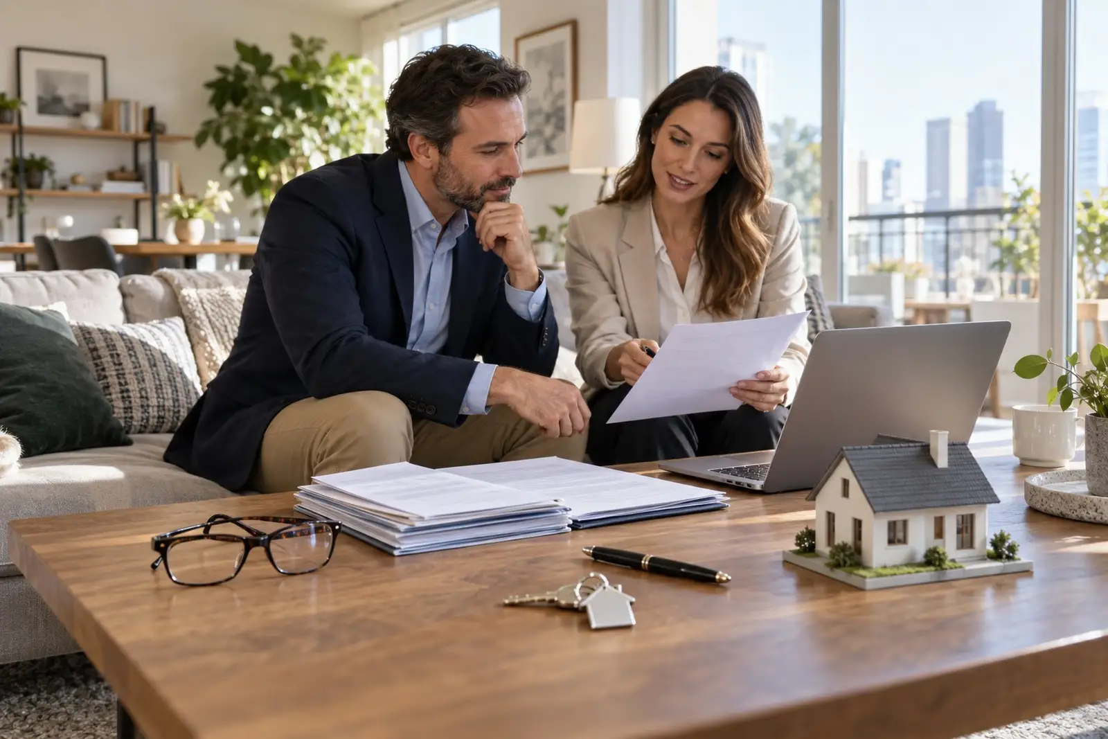 Photo d'un propriétaire bailleur devant un immeuble locatif, clés et contrat d'assurance en main